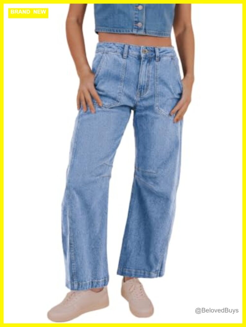 Women's High Waist Stretchy Wide Leg Barrel Jeans with Pockets